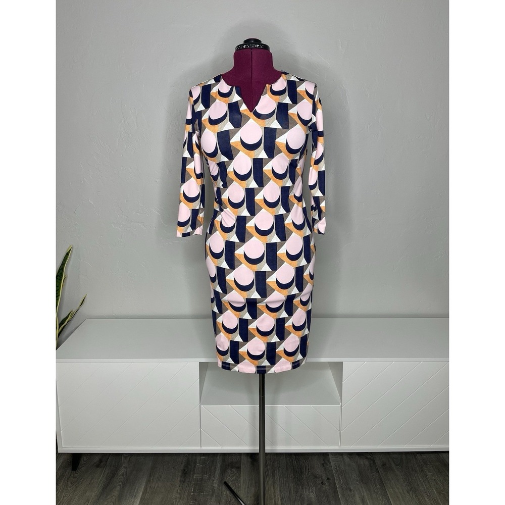 J. McLaughlin Catalina Cloth Midi Dress‎ Women's Small Geometric 3/4 Sleeve